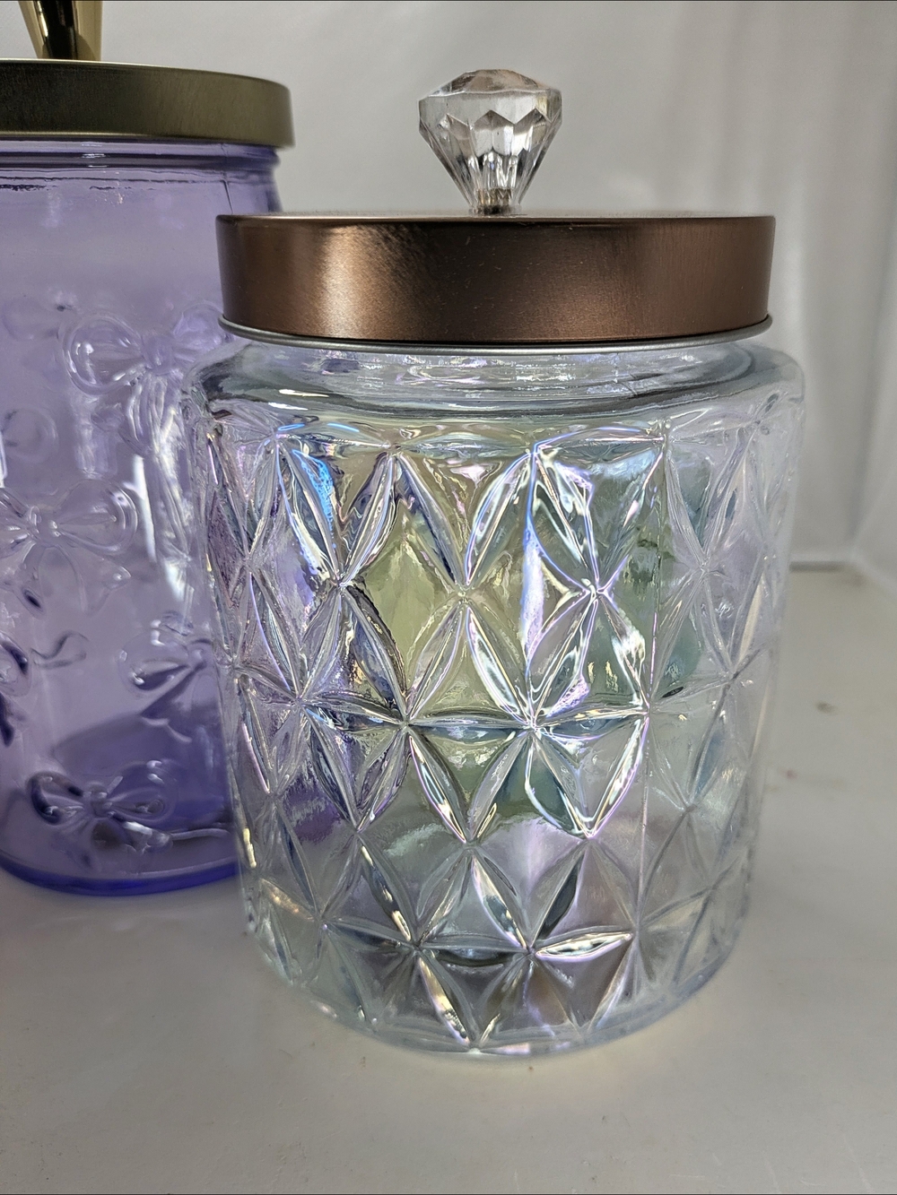 RESERVED – NOT FOR SALE - Viral Iridescent Clear Glass Jar Rose Gold Decorative